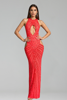 Cutout Embellished Halter Column Gown - LAROSABRIDE