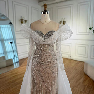 Ships in 2 to 5 Days - Luxury White Nude Beaded Mermaid Evening Dress – Saudi-Inspired Formal Gown with Overskirt