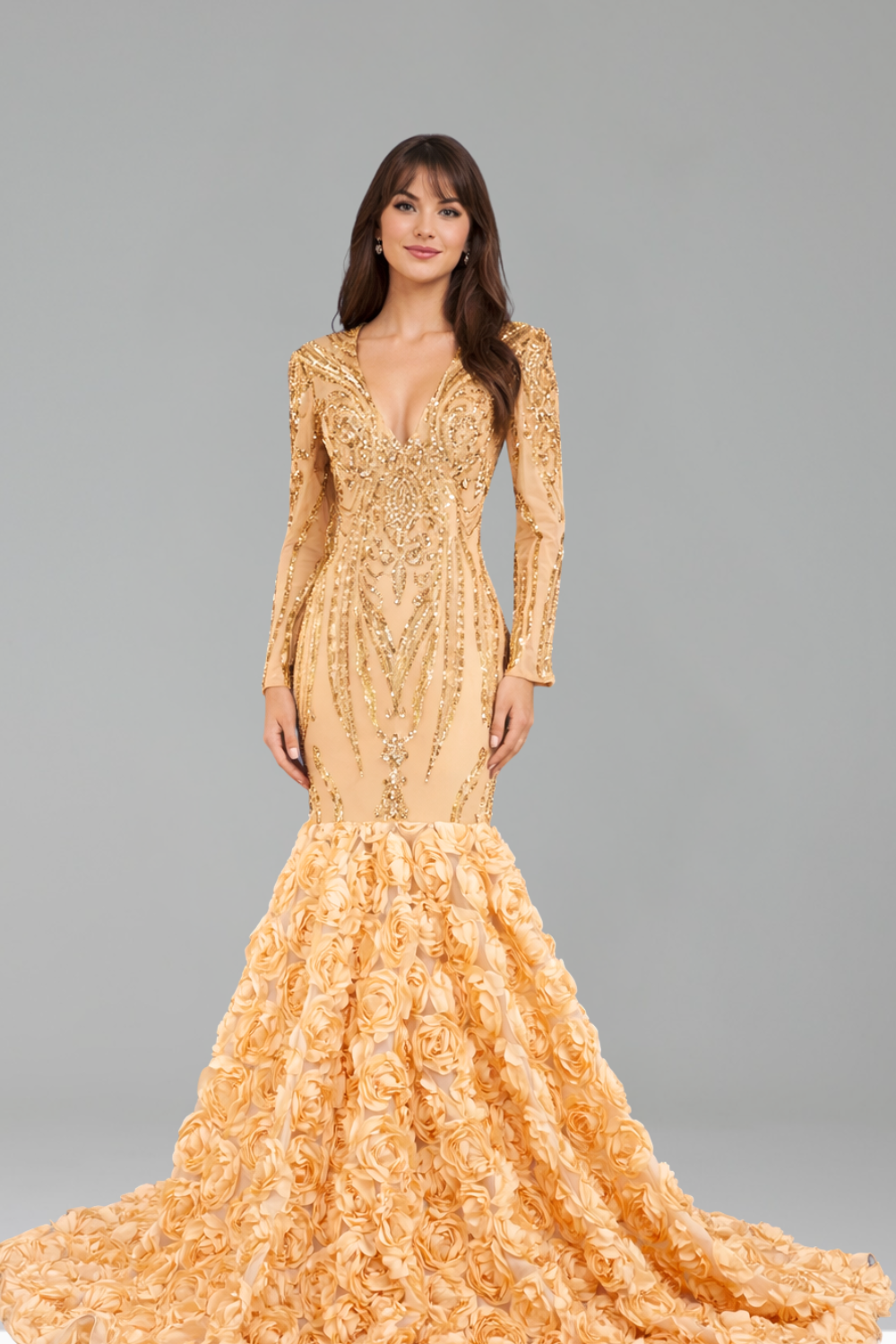 Deep V Long Sleeve Mermaid Dress - LAROSABRIDE
