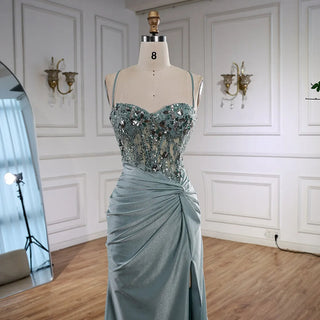 Ships in 2 to 5 Days - Luxury Light Green Satin Prom Dress – Lace Sequin Spaghetti Strap Evening Gown with Slit