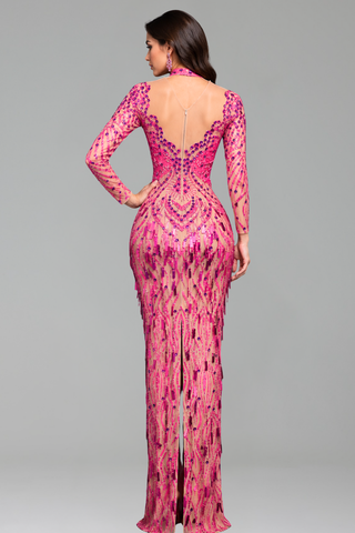 Hot Pink Embellished Illusion Gown