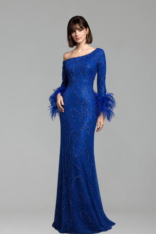 Beaded Feather One Shoulder Dress - LAROSABRIDE
