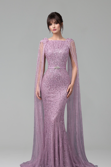 Cape-Sleeve Beaded Mermaid Dress - LAROSABRIDE