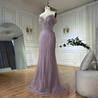 Ships in 2 to 5 Days -2025 Custom Saudi-Style Off-Shoulder Beaded Nude Tulle Mermaid Evening Dress – Formal Occasion Gown