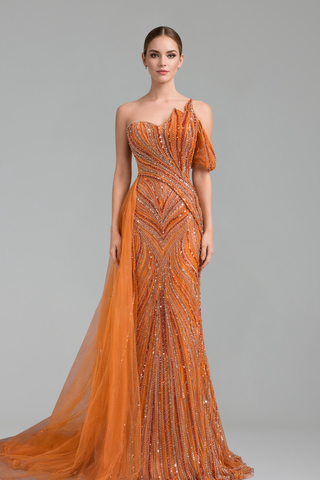 Beaded One-Shoulder Panel Gown