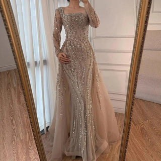 2025 Arabic Caramel Beaded Mermaid Evening Gown with Overskirt – Luxury Formal Dress for Women