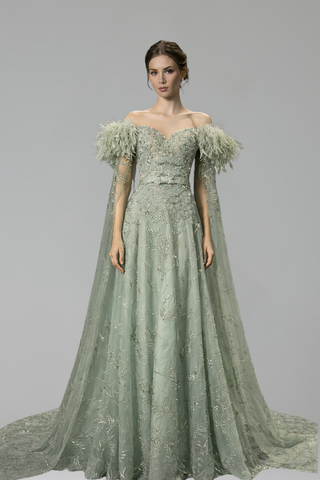 Feathered Cape-Sleeve Evening Dress