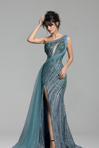 Blue One-Shoulder Beaded Mermaid Gown with Split