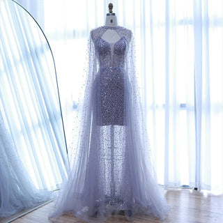 Ships in 2 to 5 Days - Luxury Purple Beaded Sequin Mermaid Evening Gown with Cape – Elegant Formal Dress