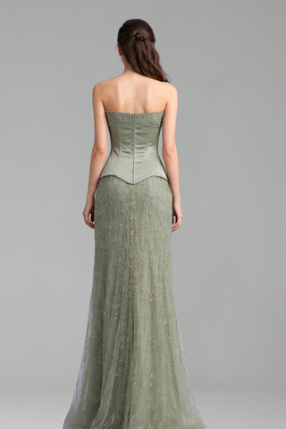 Satin Beaded Gown with Bodice - LAROSABRIDE