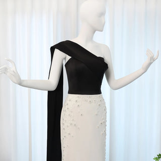 Elegant Black and White Strapless Evening Dress with Cape - 2024 Luxury Beaded Arabic Gown for Women’s Wedding Parties