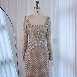 Luxury Pearl Beaded Mermaid Evening Gown with Long Sleeves – Formal Occasion Dress