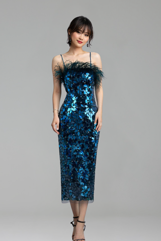 Blue Mirror Beaded Midi Dress Feather - LAROSABRIDE