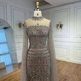 High-Neck Beaded Cape Gown