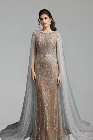 Pearls Beaded Dress with Cape Sleeves - LAROSABRIDE