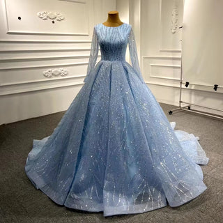 2025 Blue Luxury High-End Wedding Dress - Beaded Sleeveless Lace-Up Bridal Gown