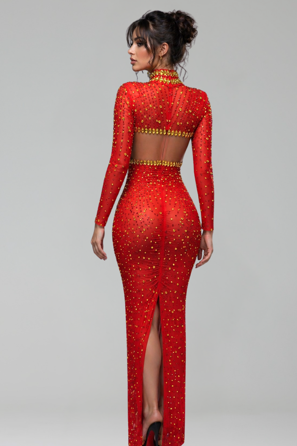 High-Neck Crystal Cutout Evening Dress - LAROSABRIDE