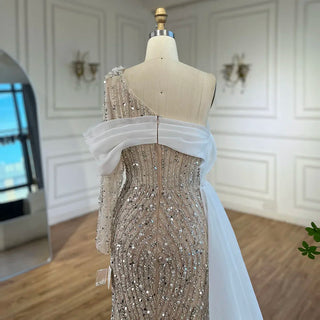 Draped Beaded One-Shoulder Gown