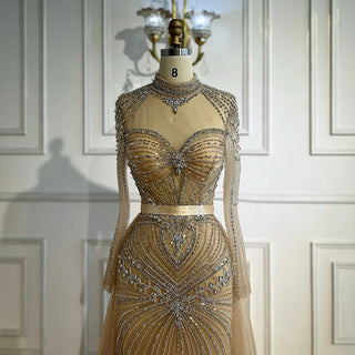 Ships in 2 to 5 Days - Luxury Nude Beaded Arabic-Style Evening Dress – Elegant Gown with Detachable Overskirt