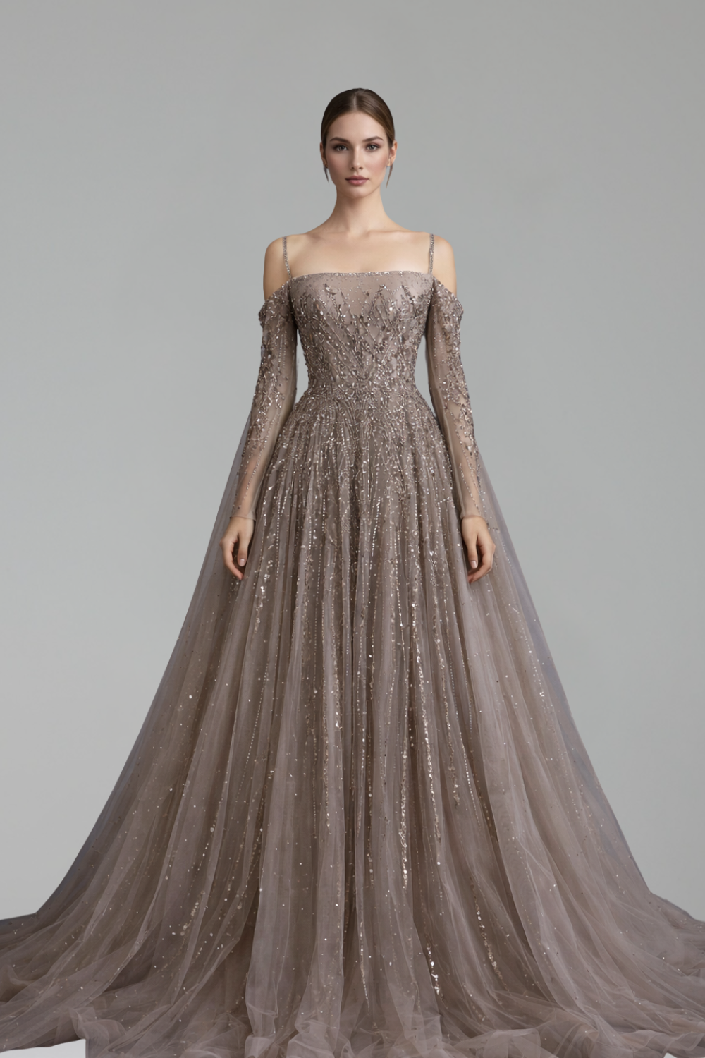Long-Sleeve Cape A-Line Dress-Larosabride