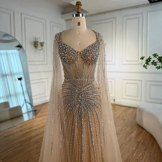 Ships in 2 to 5 Days - Luxury Nude Beaded Evening Dress – Saudi-Inspired Formal Gown with Cape Sleeves