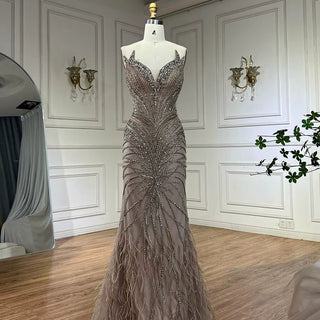 Ships in 2 to 5 Days -Caramel Beaded Feathered Mermaid Evening Dress with Detachable Cape Sleeves – Gown for Formal Occasions