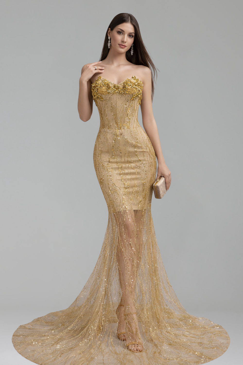Sheer Corset Beaded Train Gown - LAROSABRIDE
