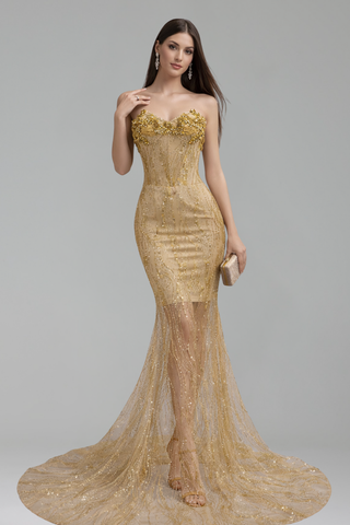 Sheer Corset Beaded Train Gown - LAROSABRIDE