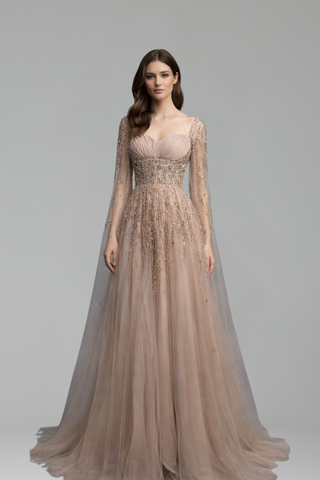 Embellished Tulle Cape Dress