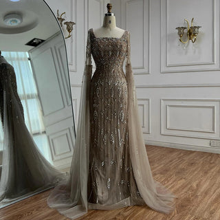 Ships in 2 to 5 Days - Luxury Caramel Saudi-Inspired Evening Dress – Elegant Gown with Long Sleeves and Flowing Cape