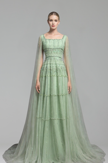 Beaded A-Line Dress with Cape Sleeves-Larosabride