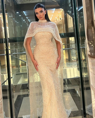Ships in 2 to 5 Days - Luxury Nude Mermaid Evening Gown with Long Cape – Saudi Arabic Formal Dress