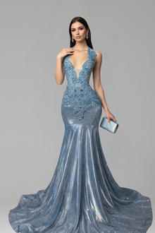 Iridescent Satin Lace Halter Mermaid Gown - LAROSABRIDE