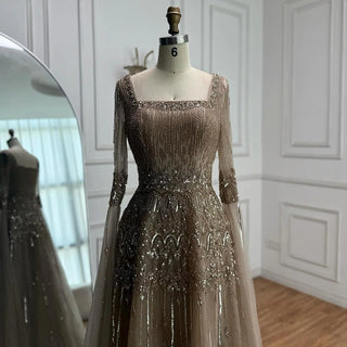 Ships in 2 to 5 Days - Customized Green Beaded A-Line Evening Dress with Cape – Formal Occasion Gown