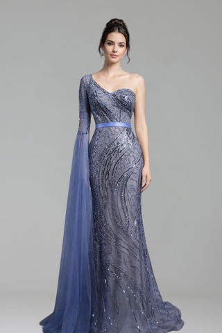 One-Shoulder Cap-Sleeve Beaded Mermaid Dress