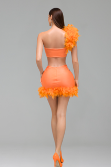 Red Feather Trim Two-Piece Mini Set - LAROSABRIDE