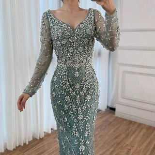 Ships in 2 to 5 Days - Luxury Nude Crystal Beaded Mermaid Evening Gown with Long Sleeves – Designer Formal Dress