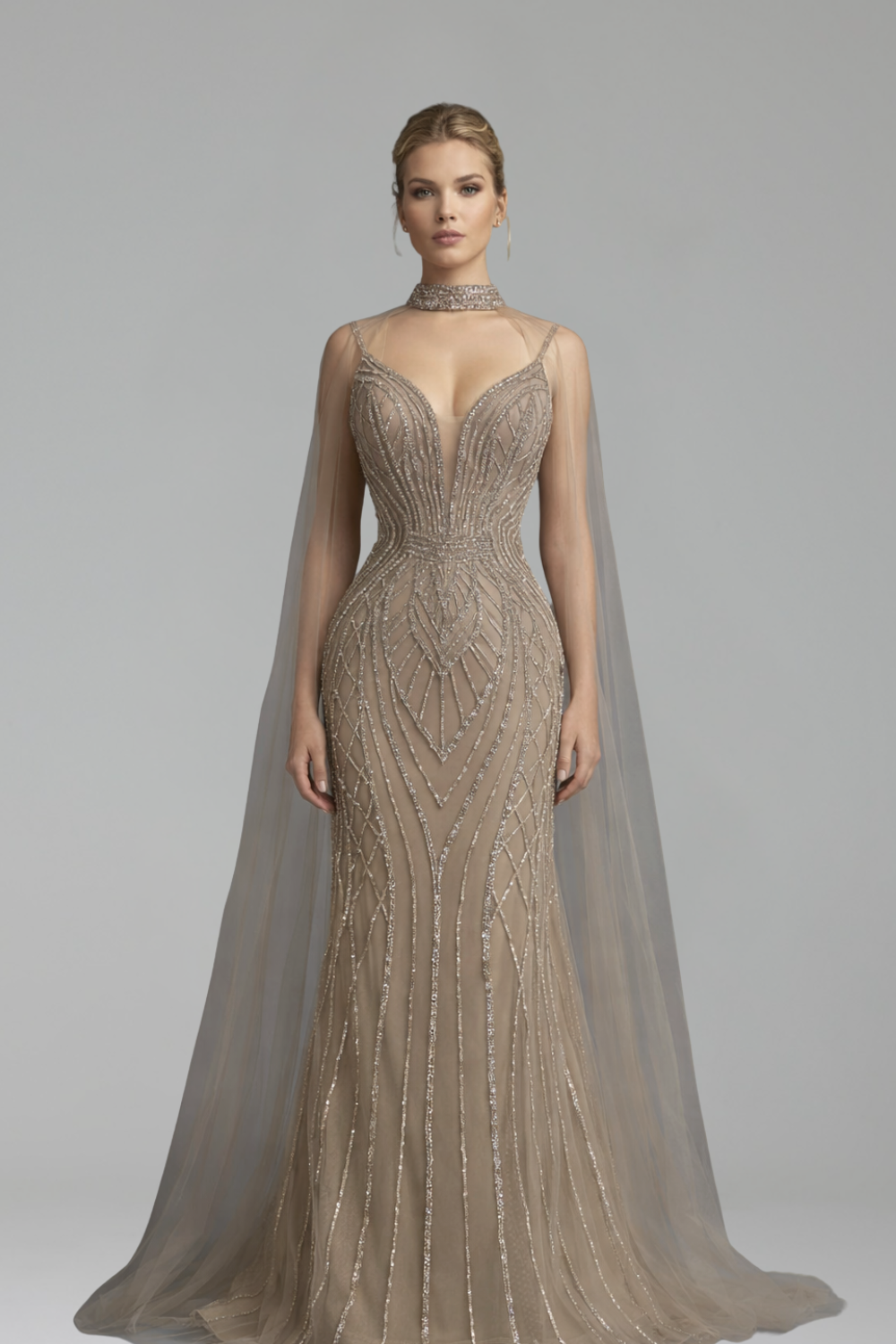 Beaded Cape-Sleeve Mermaid Dress-Larosabride