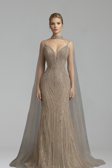 Beaded Cape-Sleeve Mermaid Dress-Larosabride