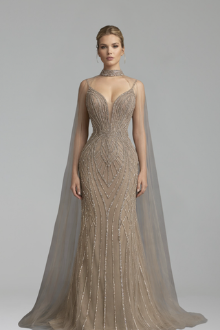 Beaded Cape-Sleeve Mermaid Dress