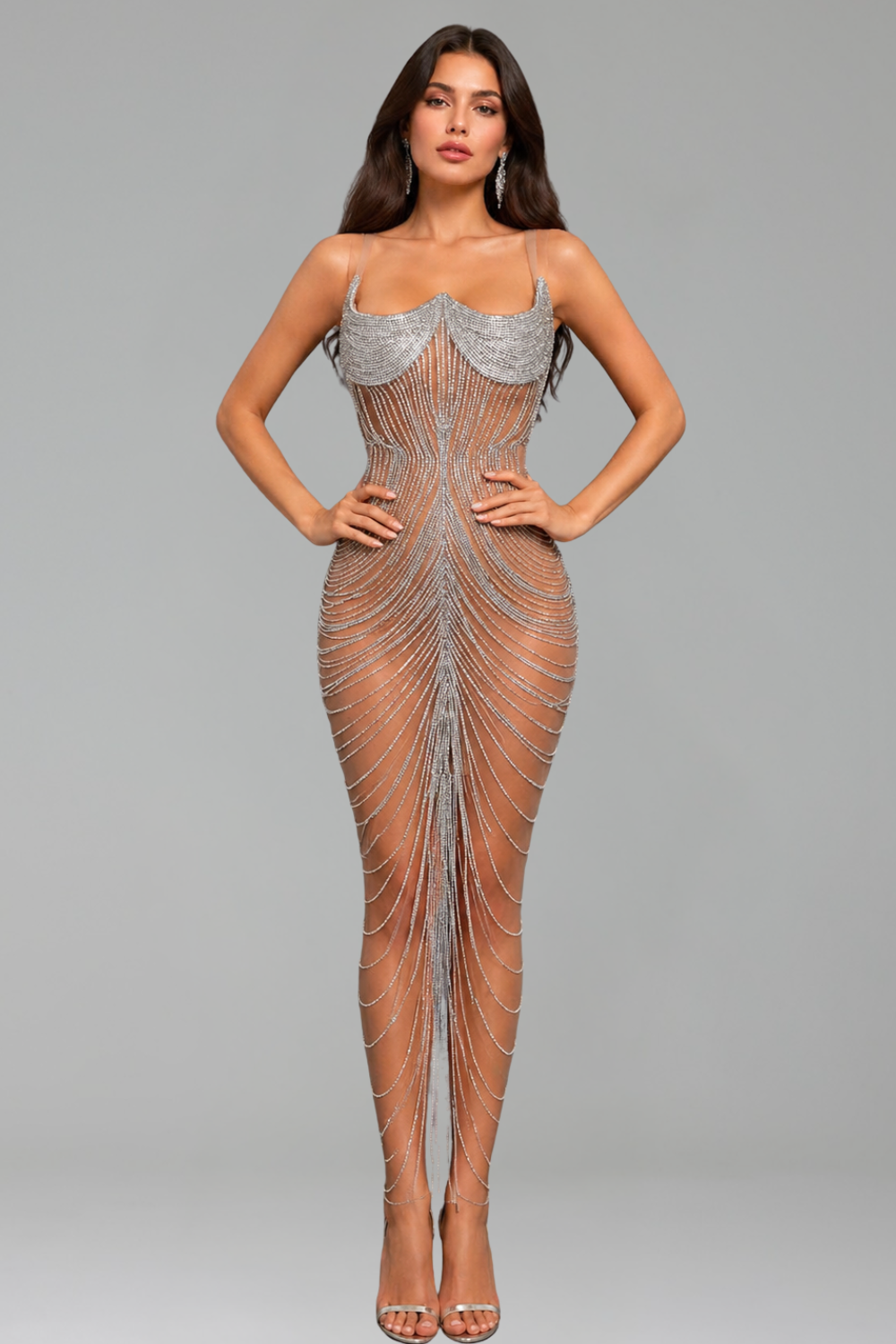 Crystal Draped Illusion Mesh Gown - LAROSABRIDE