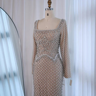 Luxury Pearl Beaded Mermaid Evening Gown with Long Sleeves – Formal Occasion Dress