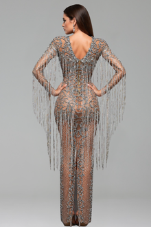 Long Sleeve Embellished Fringe Illusion Gown - LAROSABRIDE