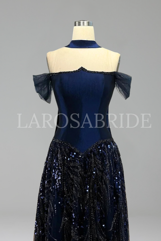 Navy A-Line Beaded Dress - LAROSABRIDE