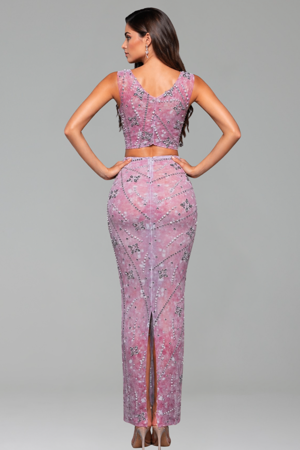 Crystal Embellished Crop Top and Midi Skirt Set - LAROSABRIDE