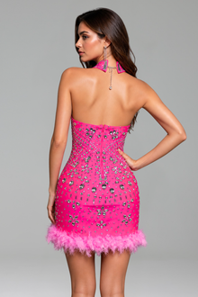 Crystal Embellished Halter Mini Dress - LAROSABRIDE