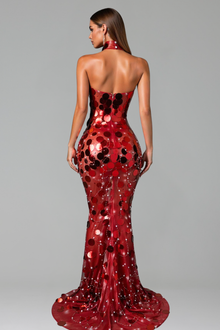 Sequin Disc Strapless Choker Gown - LAROSABRIDE