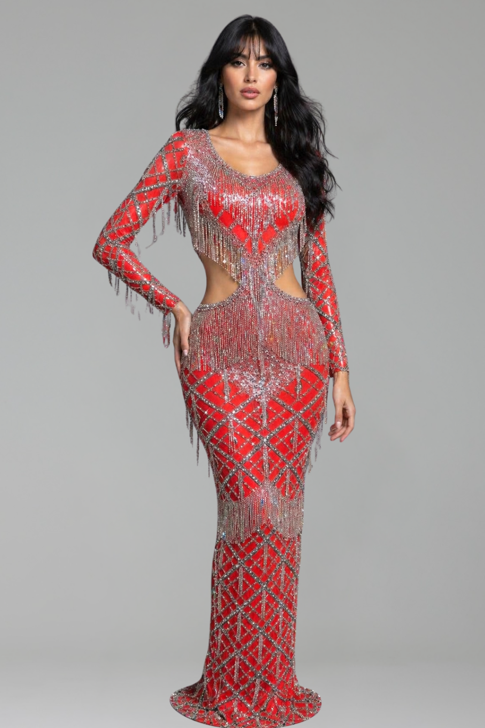 Crystal Fringe Cutout Mesh Gown - LAROSABRIDE