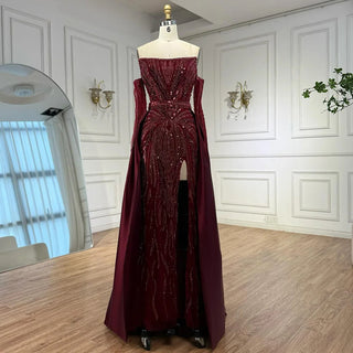 Ships in 2 to 5 Days - Luxury Wine Red Strapless Beaded Evening Gown with Overskirt & Matching Gloves