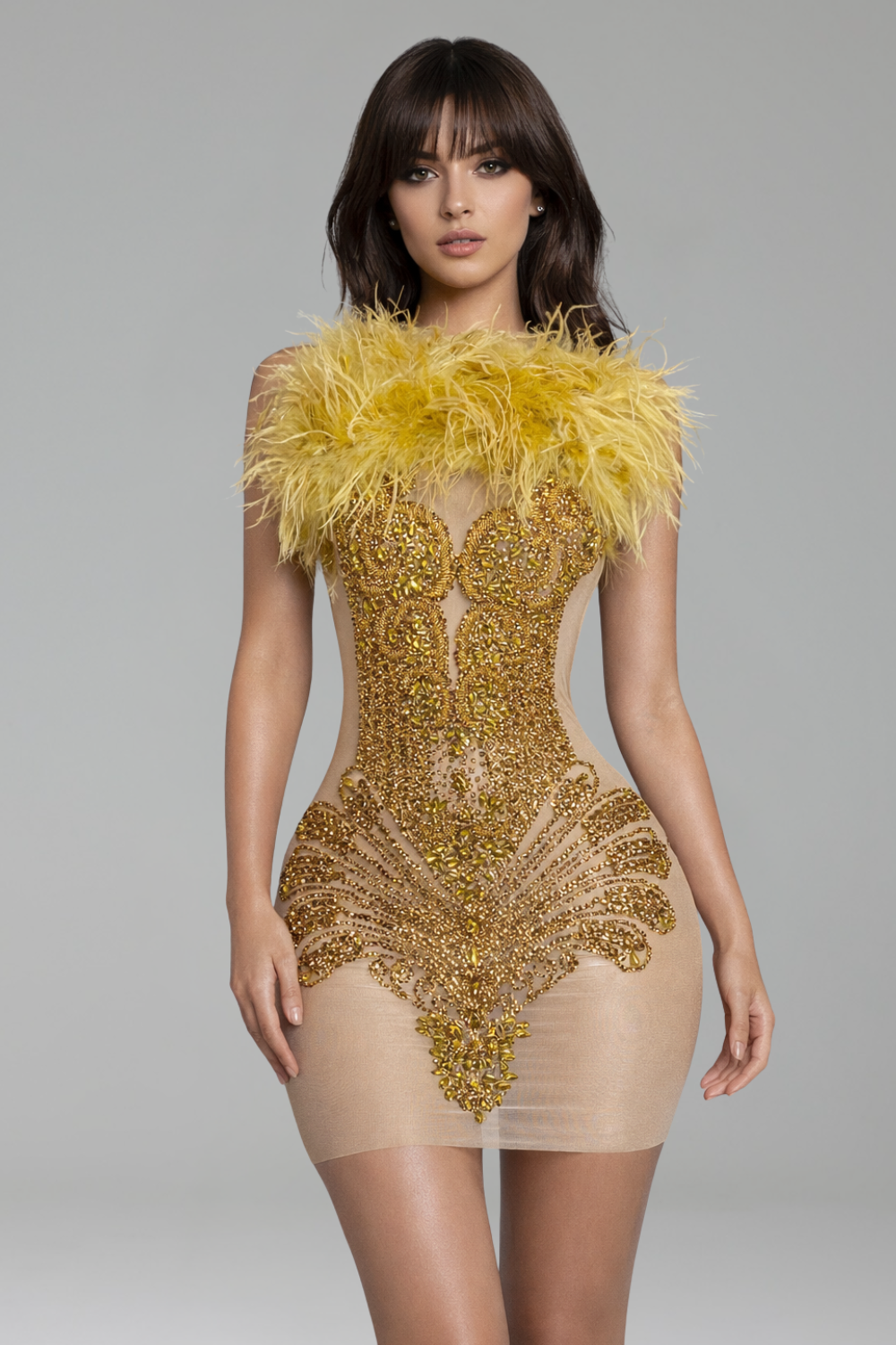Feather Trim Mini Dress